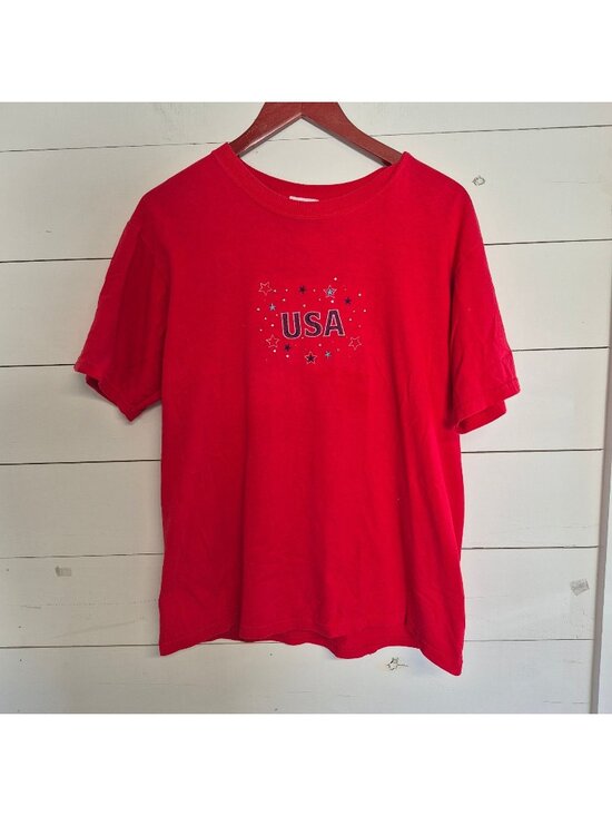 Me Energy Sportswear Tops - Vintage Red Embroidered USA T-Shirt Medium 100% Cotton